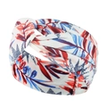 Detail of wide yoga headband with colorful tropical leaf prints and knot design - White Background Red Blue Black Leaves (24)