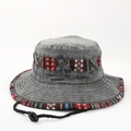 Close-up of vintage washed grey denim bucket hat with ethnic woven tape and wind cord - L (58-60cm) / Flower-Grey