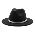 Classic black wool fedora hat with a light gray leather band and gold metal buckle - M (56-58cm) / Black