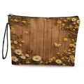 Floral makeup bag featuring wood grain print with daisies, yellow wildflowers and butterflies - Sunflower Butterfly Brown Wood Grain (Style 2) / 17*25cm With Webbing