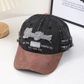 Vintage-Baseballkappe aus Denim mit New York-Stickerei und braunem Wildlederschirm für Damen - Schwarz