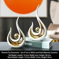 Modern abstract ceramic phoenix figurines in white and gold for elegant home decor - Phoenix Flight - White Gold Pair