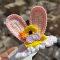 Handmade crochet duck hair clip with pink rabbit ears and purple bow on white lace - Little Yellow Duck with Rabbit Ears