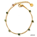 Double-layered gold stainless steel anklet featuring green and pink stone beads - Green Natural Stone Anklet (JAK314)