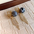 Elegant gold earrings with black marble beads and sparkling rhinestone tassel fringe - Gold Hoop-Black
