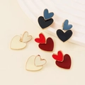 Three pairs of colorful enamel double heart stud earrings in blue, white, and red shades - 3 Pairs Set