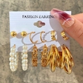 6-piece golden earring set featuring faux pearls, leaf textures, and classic hoops - 6 Pairs Gold Leaf Pearl Hoop Set (5343302)