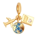 Goldener Reise-Anhänger mit Flugzeug, Reisepass und blauem Emaille-Globus für DIY-Schmuck - Gold Reise Pass Flugzeug Erde (032)