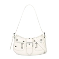 White punk style faux leather shoulder bag with silver studs and decorative buckle - White