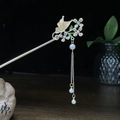 Chinesische Vintage Haarnadel Gold mit Schmetterling Motiv und Perlenquasten - Goldener Schmetterling Rosa Emaille Strass Künstliche Perle Quaste Haarstab (1290)