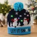 Navy blue LED Christmas beanie with snowmen patterns and Let It Snow text - Light Blue Snowman