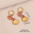 Golden stainless steel earrings with pink fish and shell charms, 4cm long for women - Scallop and Fish (3#扇贝)