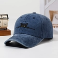 Blue washed denim baseball cap with cat embroidery and adjustable fit for sun protection - Navy Blue