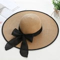 Straw sun hat with wide brim, khaki weave and large black ribbon bow for summer - M (56-58cm) / Khaki
