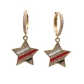 Gold hoop earrings with striped enamel star charms and sparkling crystal accents - Colorful