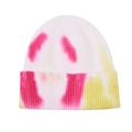 Close-up of pink and green tie-dye knit beanie with detailed stitch texture and cuff - One Size / Pink Green Tie-Dye (#9)