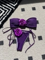 Deep purple bikini set featuring strapless bandeau top and 3D rose floral details - Dark Violet