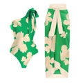 Green tropical leaf print one-shoulder swimsuit with matching sarong wrap skirt - S / One-Shoulder Bow One-Piece Set with Wrap Skirt
