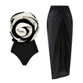 Detail of black swimsuit featuring 3D rose applique and matching pleated wrap skirt - S / Black Set (Split Wrap Skirt)