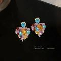 Orecchini vintage a forma di cuore con strass multicolori e design a goccia d'acqua - Stile Cuore con Perno in Argento / Colorato