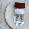 Silver textured circle earrings with dangling disc fringe on a ceramic plate - 80# Ear Hook - Silver - Sequin Tassel