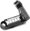 Detail view of the internal V-slot and blade on a portable black pill splitter - Black