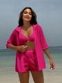 Detailed macro shot of bright pink mesh knit cardigan over a bikini beach ensemble - L / Rose Red