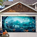 Halloween garage door banner featuring spooky cemetery scene and welcome black cat sign - 100cmx70cm / Ghost Cemetery Pumpkin Style (WS0101)