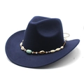 Sombrero vaquero étnico de fieltro azul marino con cuentas de concha hechas a mano - Azul Marino