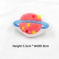 Detail of pink embroidered Saturn plush pin with star and heart patterns, 8x5.5cm size - Planet