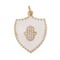 Golden Hamsa hand shield pendant with white enamel and sparkling zircon inlay detail - White-Shield Hamsa Hand