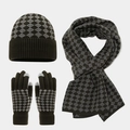 Detailed knit texture of winter hat scarf and touchscreen gloves with diamond pattern - Army Green