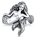 Vintage oxidized silver mermaid ring with detailed scales and wrap-around tail design - US 9 / Antique Silver