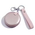 Petit miroir de poche rond rose avec lanière en cuir et porte-clés en métal - Grand (7.3cm) / Or rose