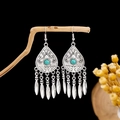 Bohemian vintage silver earrings with round turquoise stone and waterdrop tassel fringe - Antique Silver + Turquoise + Tassel (E2538-13)