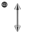 Massief G23 titanium barbell met spikes voor tong of tepel piercings - Dubbele Kegelkoppen / 1.6x14x3x3mm / Staalkleur