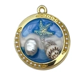 Gold round pendant with blue resin sea life, starfish and pearls for DIY jewelry making - Blue Beach Coconut Tree-22058