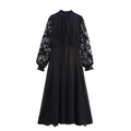 Elegant black long-sleeved dress with lace splicing, bow-tie neck, and waisted design - S / Black