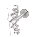 Silver internally threaded stud earring with five white gems and size dimensions - Wavy Arch