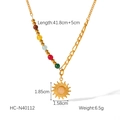 Asymmetric gold necklace featuring colorful beads and a sun pendant with cat eye stone - Sun Multi-color Beaded Style (HC-N40112)