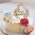 Golden acrylic happy anniversary cake topper with floral design and diamond frame - Gold Anniversary Leaves / Gold