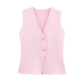 Detail view of pink knit vest featuring V-neck design and elegant golden buttons - Pink Vest / S
