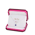 Pink octagonal velvet box holding a jewelry set with blue heart pendant and crown ring - Set Box / Rose With White Interior