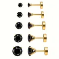 5-pair set of black zircon stud earrings in gold-tone claw setting with various sizes - Gold with Black Zircon / 3mm