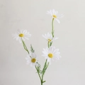 Close-up of artificial white chamomile bouquet with realistic yellow centers and green leaves - White