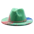 Detail of tie-dye fedora hat with green pink blue patterns and leather buckle strap - M(56-58cm) / Green Pink Blue Tie Dye (#5)