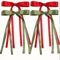 Set of four satin bow hair clips featuring long ribbons in vibrant red and green colors - Style G Set of 4