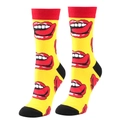 Détail de chaussettes en coton jaune avec motifs lèvres rouges et bords côtelés rouges - Lèvres Jaunes