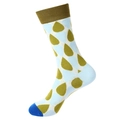 Olivgrüne und hellblaue Crew-Socke mit geometrischem Tropfenmuster und blauer Zehenpartie - 1076-Blau Grün Tropfen