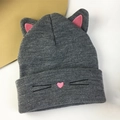 Grey knit cat ear beanie for women featuring cute whiskers embroidery and warm fabric - Gray